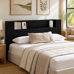 Black Engineered Wood Storage Headboard with LED Lights