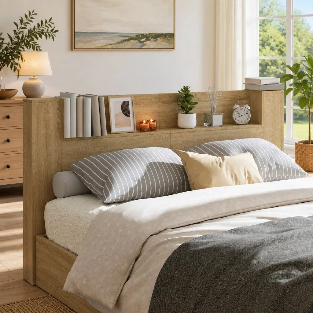 Storage Headboard with Integrated Shelf RGB LED Lights Brown Engineered Wood