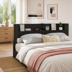 Black Engineered Wood Storage Headboard with LED Lighting