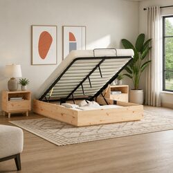 Pine Wood Ottoman Bed Frame with Hydraulic Storage 135 x 190 cm