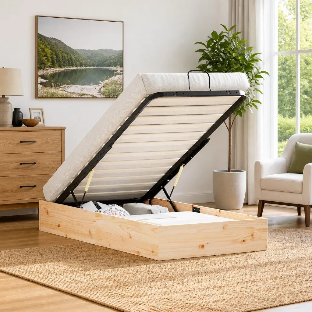 Storage Ottoman Bed Frame Gas Lift Natural Pine Wood 90 x 190 cm Brown