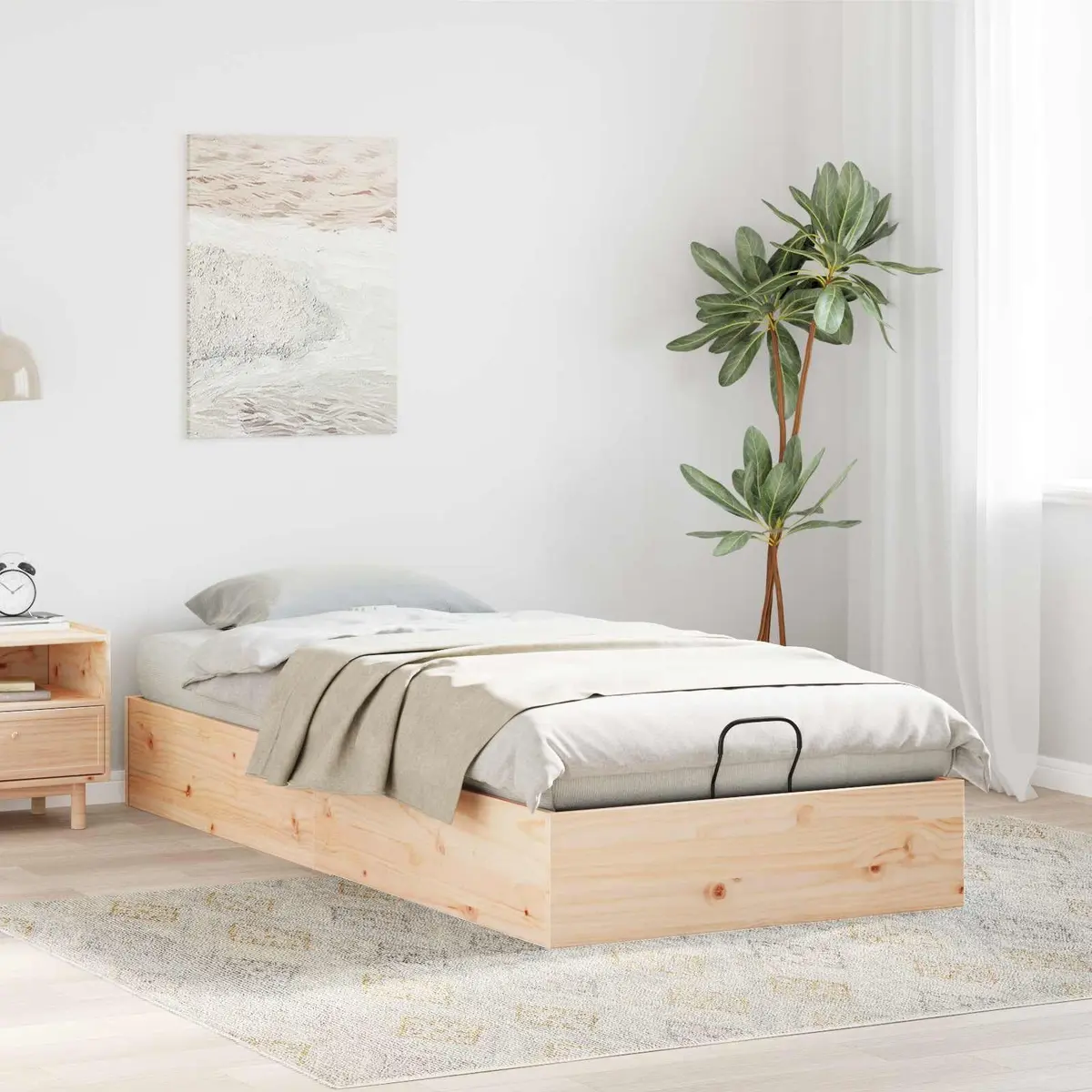 Storage Ottoman Bed Frame Gas Lift Natural Pine Wood 90 x 190 cm Brown