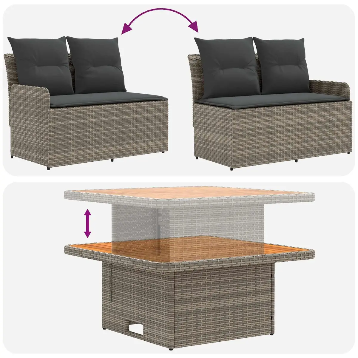 PE Rattan Furniture Set 6 Pieces Grey Outdoor Indoor Patio Lounge with Cushions