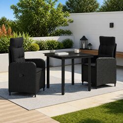 3-Piece Black Rattan Sofa Table Set with Adjustable Chairs