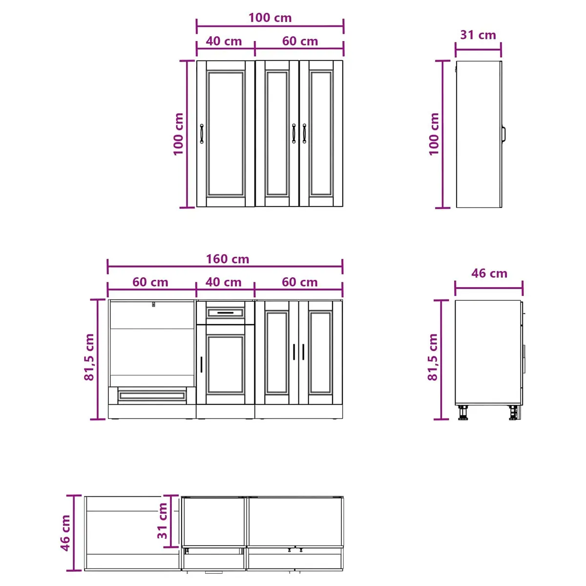 Black Kitchen Cabinet Unit Adjustable 5 Piece Engineered Wood Storage Furniture