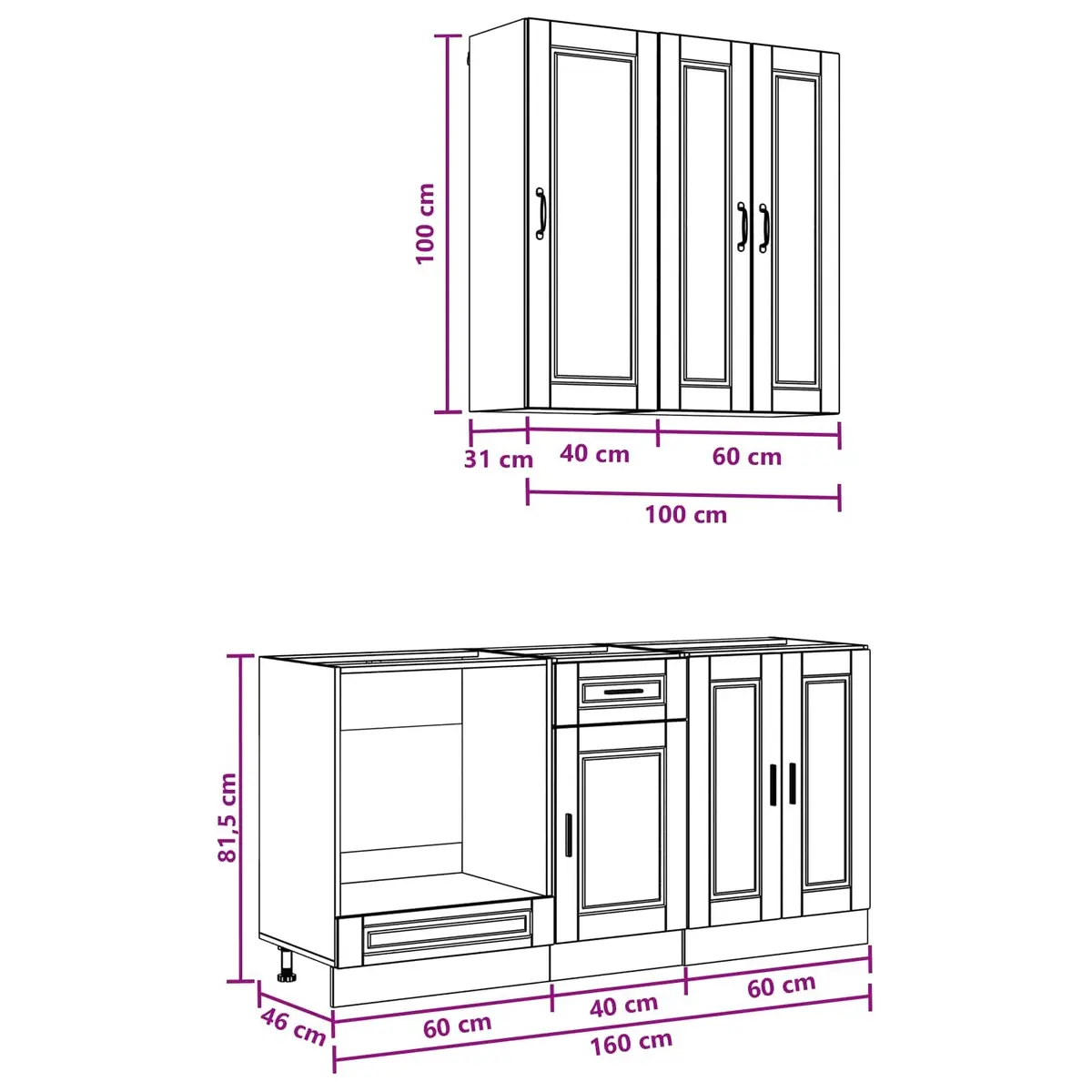 Black Kitchen Cabinet Unit Adjustable 5 Piece Engineered Wood Storage Furniture