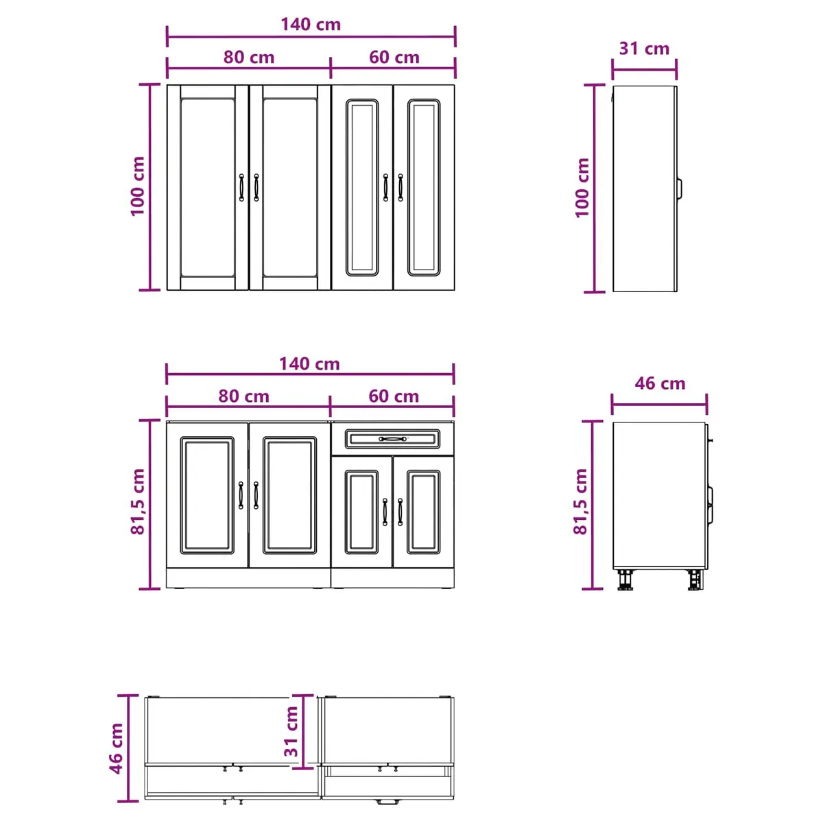 Kitchen Cabinet Unit Adjustable Feet 4 Piece White Engineered Wood Storage
