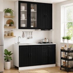 Engineered Wood 4 Piece Kitchen Cabinet Set in Black