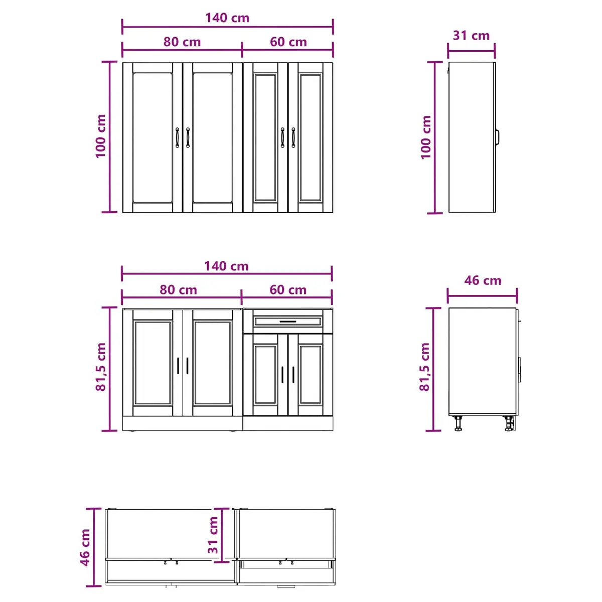 Kitchen Cabinet Unit Adjustable Feet 4 Piece White Indoor Storage