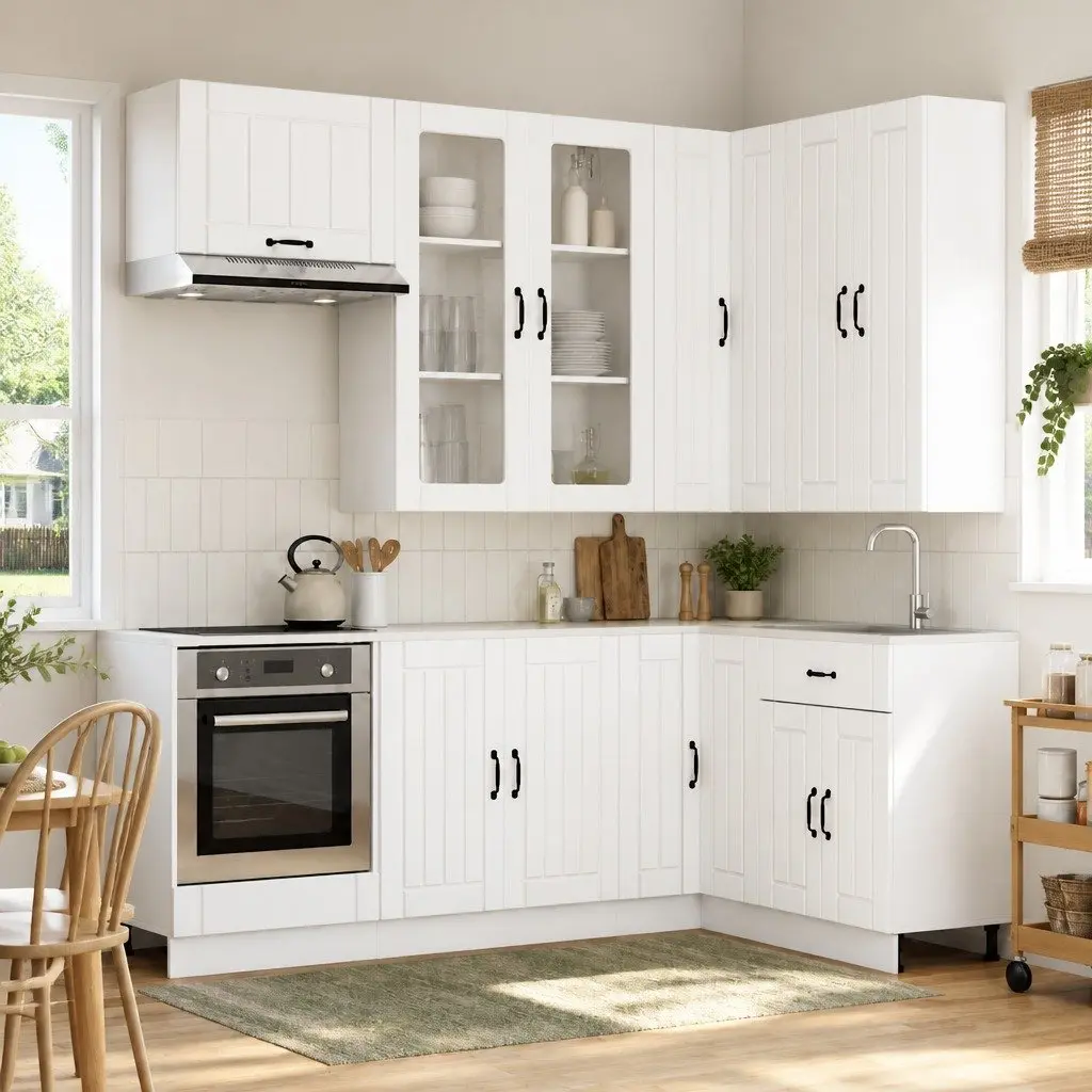 Kitchen Unit 8 Piece Storage Cabinet Contemporary White Engineered Wood