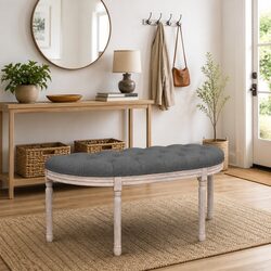 Fabric Bench with Tufted Top and Wooden Legs, Grey