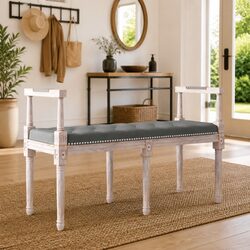Fabric Upholstered Grey Bench with Wooden Legs