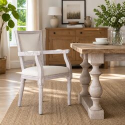 Beige Linen Seat Dining Chair with Rubberwood Frame