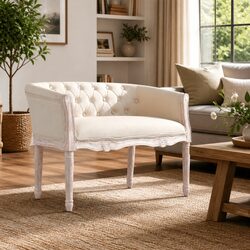 Padded Bench with Linen Upholstery and Wooden Legs