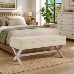 Beige Storage Stool Bench 110x45x49cm with Linen Seat