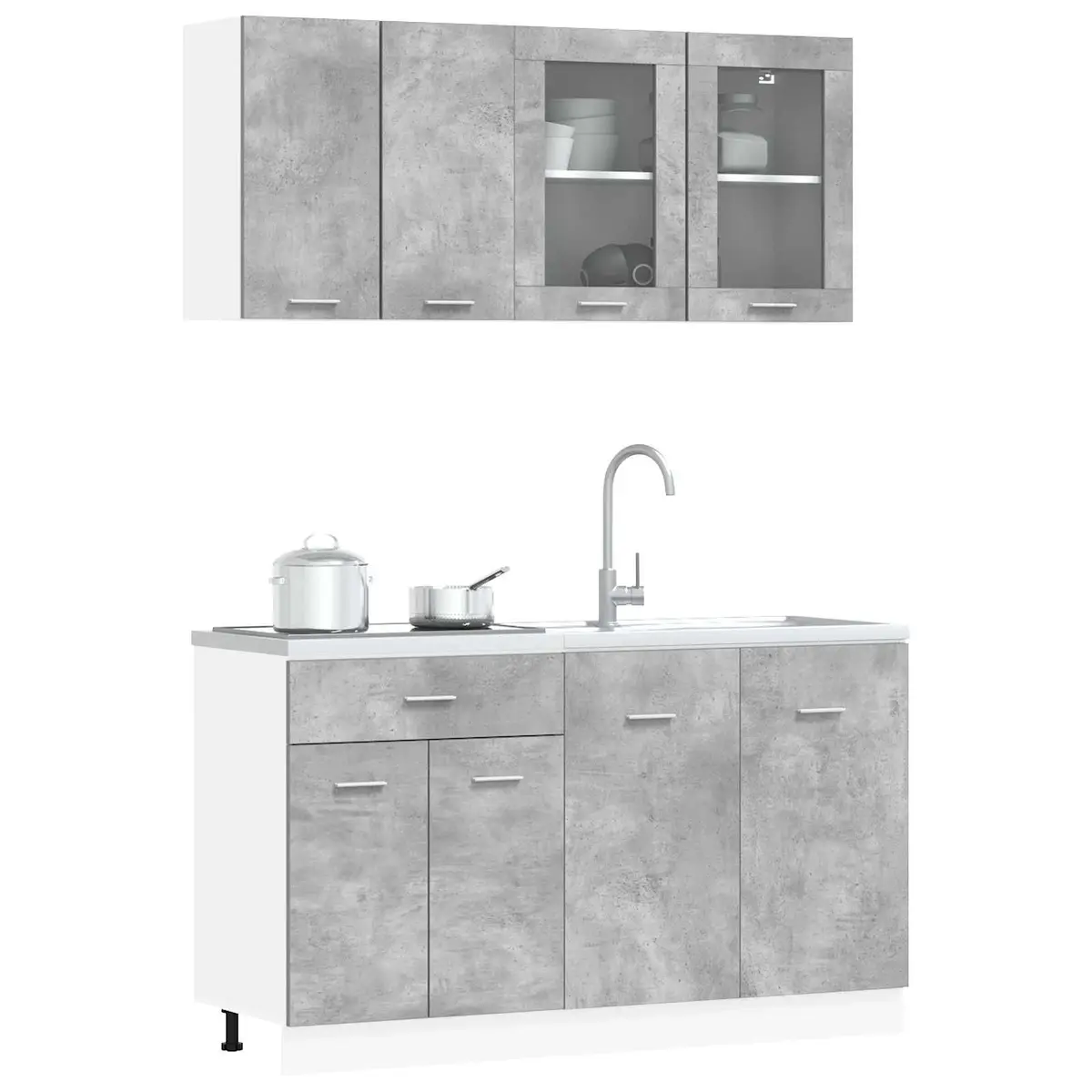 Kitchen Cabinet Set Grey Storage Unit Engineered Wood 4 Piece