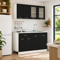 4-Piece Black Oak Kitchen Cabinet Set with Storage