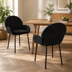 Black Velvet Dining Chairs with Armrests – 2 Pack