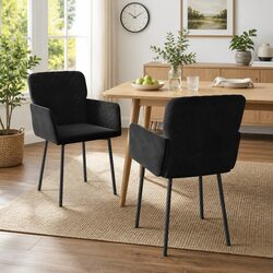 2-Piece Dining Chair Set in Black Velvet with Armrests