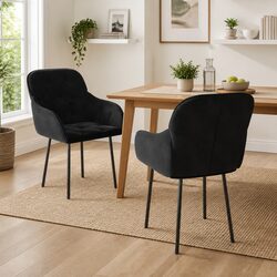 Set of 2 Black Velvet Dining Chairs with Armrests