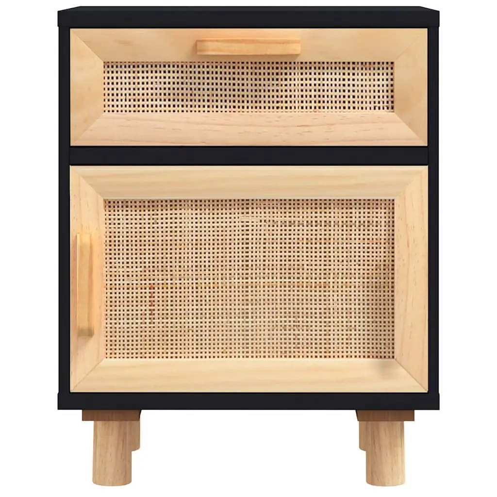 2 Piece Bedside Cabinet Black Rattan Nightstand Storage Drawer Solid Pine Wood