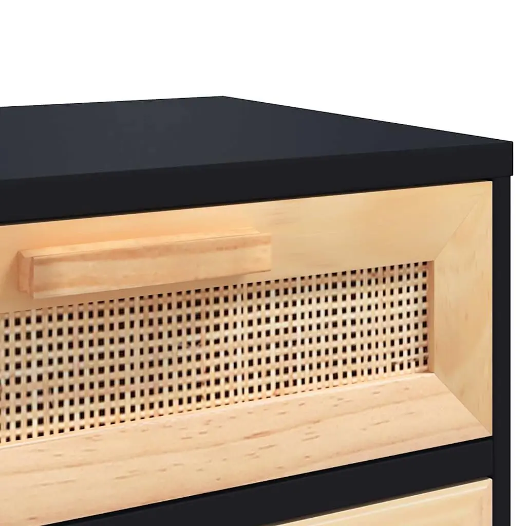 2 Piece Bedside Cabinet Black Rattan Nightstand Storage Drawer Solid Pine Wood