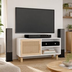 3 Compartment White TV Cabinet with Rattan Door Detail