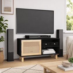 Black TV Cabinet with Rattan Door and Engineered Wood Construction