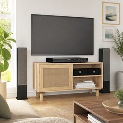 Brown TV Cabinet with Rattan Door and 3 Storage Compartments