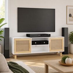 White TV Storage Cabinet 105x30x40 cm with Rattan Doors