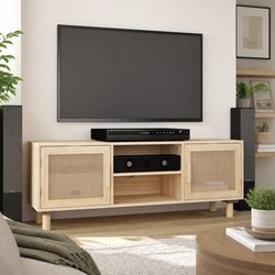 Brown TV Cabinet with Rattan Door Panels