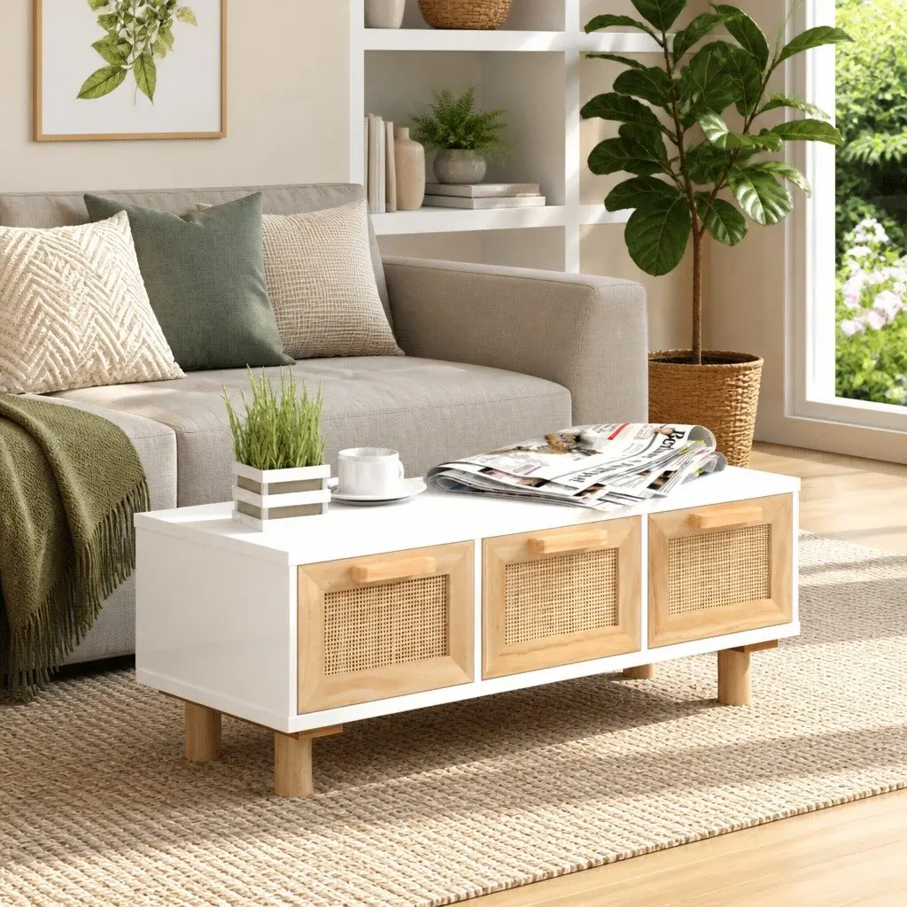 Coffee Table Storage 80x40x30cm White Rattan Weaving