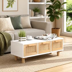 White Coffee Table with Rattan Weaving 80x40x30cm