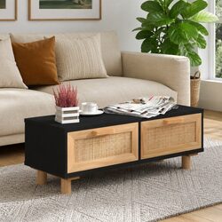 Black Coffee Table with Two Rattan Weaving Drawers