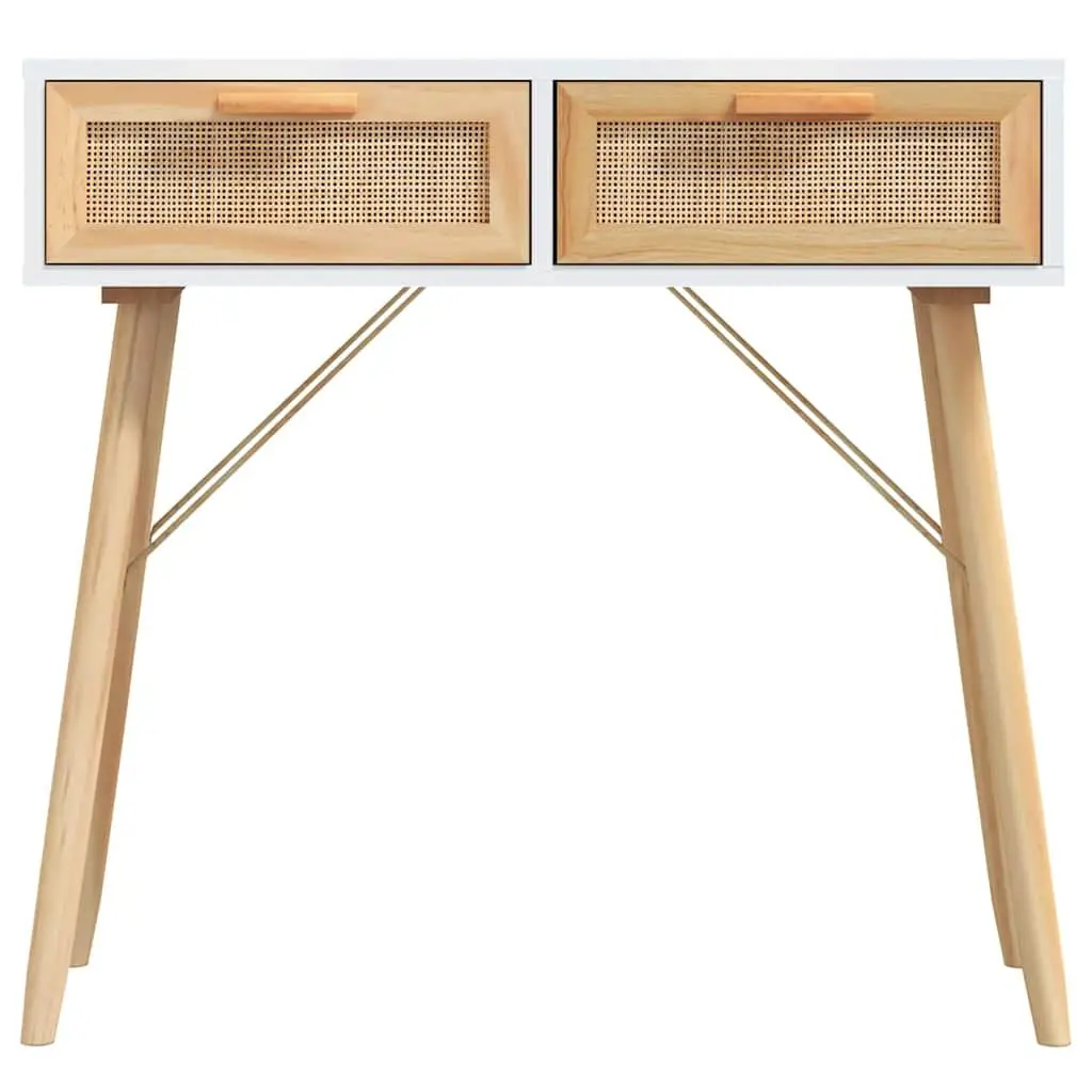 Console Table White 80x30x75 cm Solid Wood Pine Rattan 2 Drawers