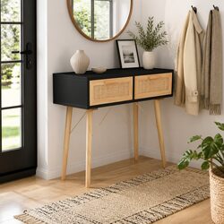 Black Console Table 80x30x75 cm with Rattan Weaving