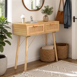 2-Drawer Console Table with Brown Rattan Weaving