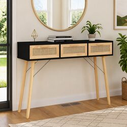 Black Console Table with Rattan Weaving 105x30x75 cm