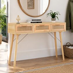 Storage Console Table with Natural Rattan and Pinewood