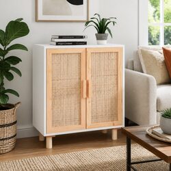 Functional White Storage Sideboard with Rattan Doors - 60x30x70 cm
