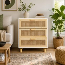 White Storage Cabinet 60x30x70 cm with Rattan Weaving