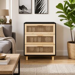 Black Sideboard Cabinet with Rattan Design and 3 Drawers