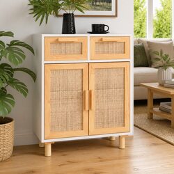 White Storage Cupboard with Rattan Doors and Drawers