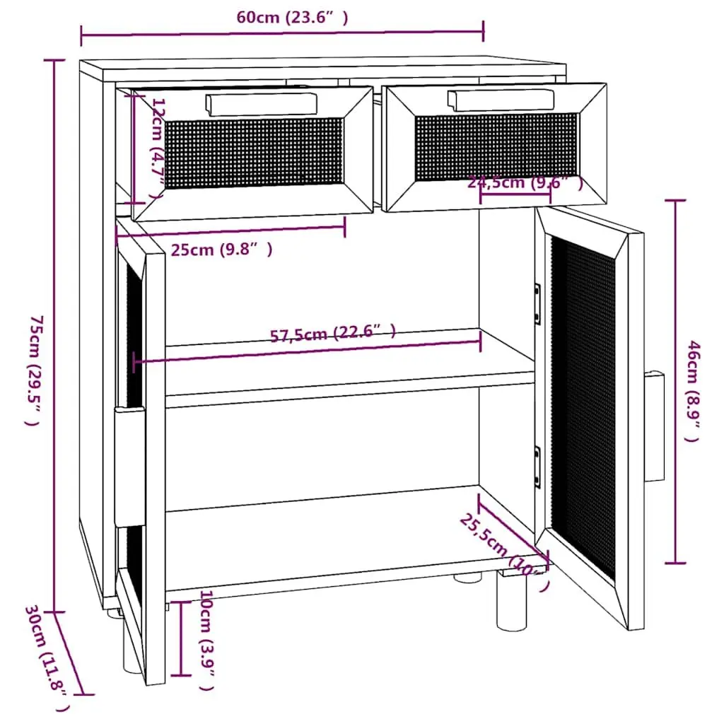 Sideboard Cabinet White Storage Cupboard with 2 Drawers and Rattan Door 60W x 30D x 75H cm