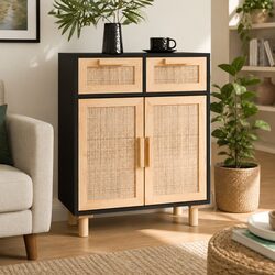 Black Storage Sideboard Cabinet 60x30x75cm with Rattan Drawers