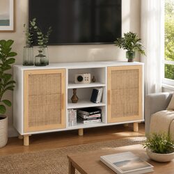 Storage Cabinet White 105x30x60cm with Rattan Door