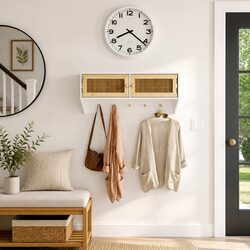 Wall-Mounted Coat Rack with Rattan Doors and Hooks