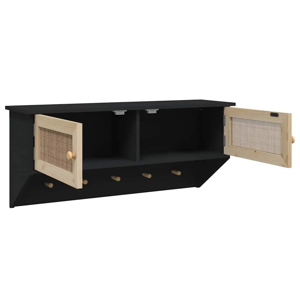 Wall-mounted Coat Rack with Rattan Doors Storage Compartments 5 Hooks Black