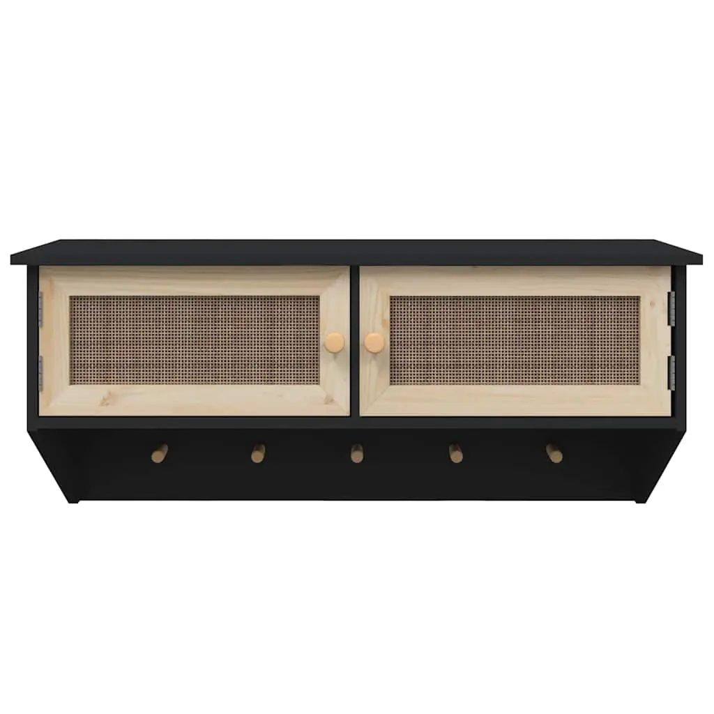 Wall-mounted Coat Rack with Rattan Doors Storage Compartments 5 Hooks Black