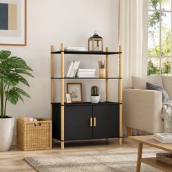 Black Engineered Wood Highboard Storage Cabinet